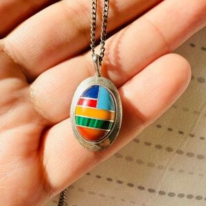 Vintage Oval Stone Multicolor Native Navajo Sterling Silver Pendant Necklace